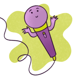 Cute illustration of a purple microphone with a smiling face and arms - the Meic mascot