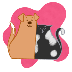 Cute illustration of a cat and a dog leaning against each other happy with eyes closed - Meic characters that symbolises the topic Relationships