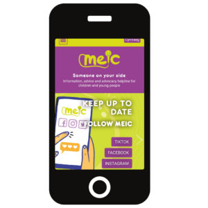 Illustration of a mobile phone with the Meic website on the screen