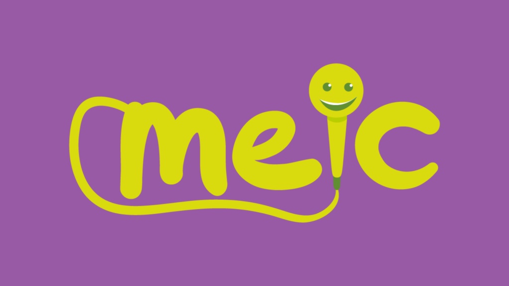 Green Meic logo on a purple backround. The logo is in a handwritten marker style font, with a microphone acting as the letter 'I'.